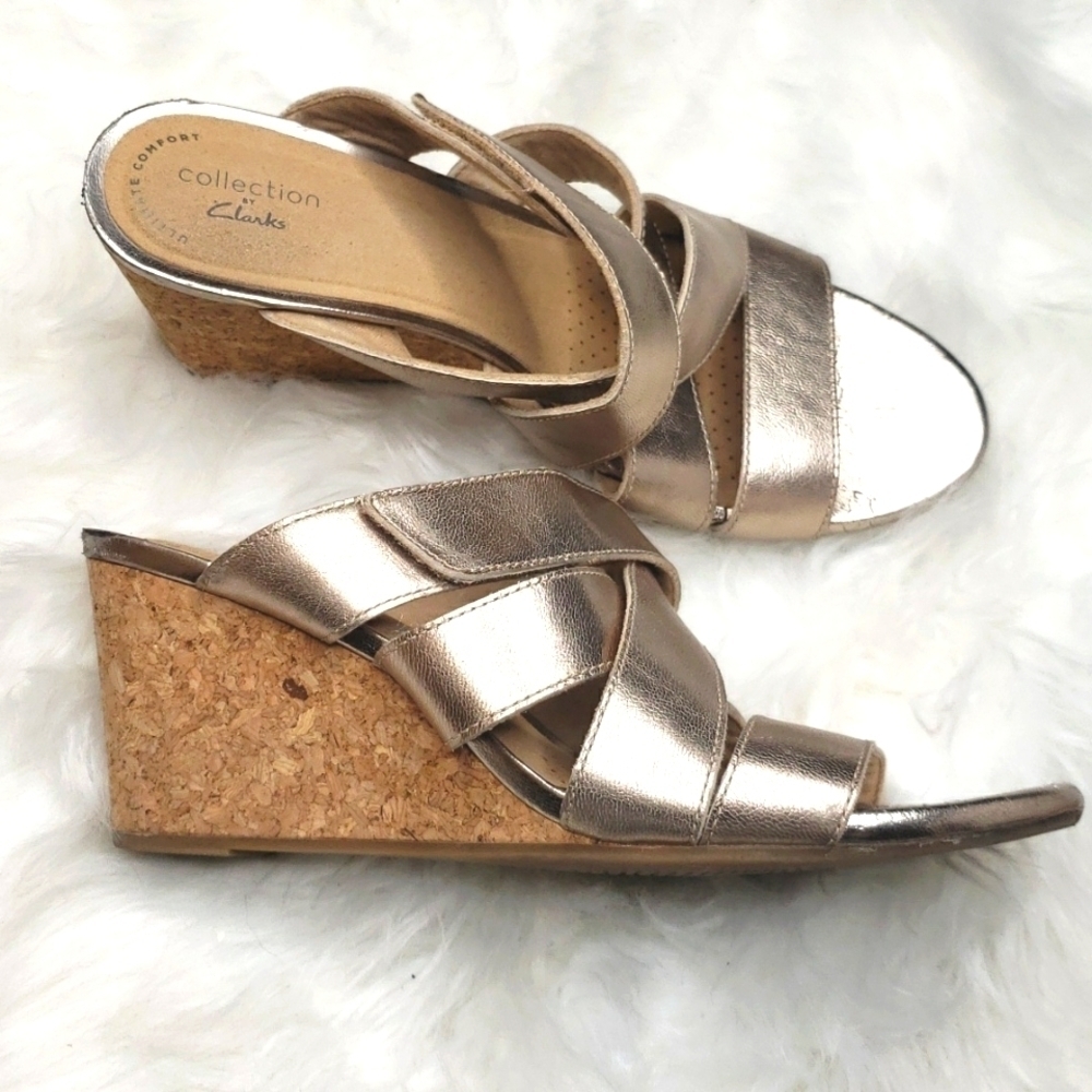 Collections by Clarks Ultimate Comfort Gold Cork Wedge Sandals Size 9.5